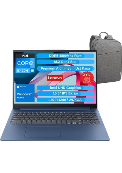 Ip Slim 3 15IRH10 Intel Core I5-13420H 16GB 512GB SSD Wuxga 15.3" IPS Windows 11 Home Taşınabilir Bilgisayar - Lenovo Çanta Wz3