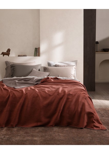 Caureo Tek Kişilik Jakarlı Pamuklu Battaniye - Vizon/turuncu