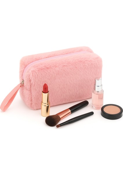 Chic Clutch Seyahat Makyaj Organizeri Kozmetik Çantası Tüy Peluş - 250 Açık Pembe