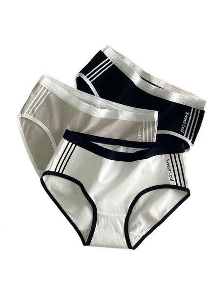 3'lü Paket Dikişsiz Basit Kız Çocuk Iç Çamaşırı, Pamuklu Ağ, Orta Bel, Rahat, Harfli Spor Stil Çizgili Külot (50-67,5 Kg) (Yurt Dışından)
