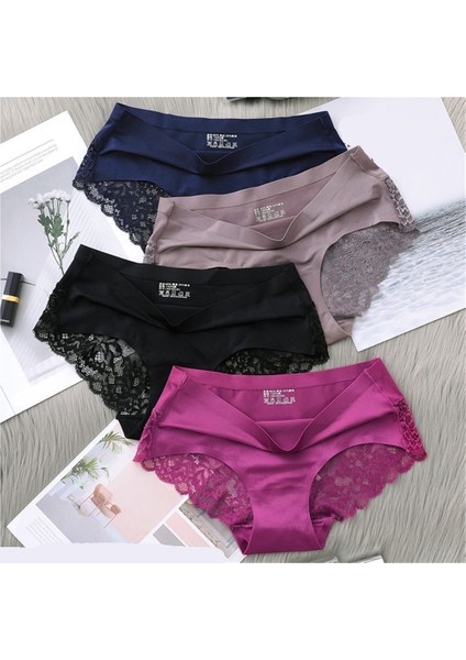 Kadınlar İçin Buz İpek Külot Orta Bel Dikişsiz Dantel Pamuklu Kasık Cilt Dostu Büyük Beden Nefes Alabilen Ultra İnce Külot Genç Bayanlar İçin (4'lü Paket 65-75 KG) (Yurt Dışından)