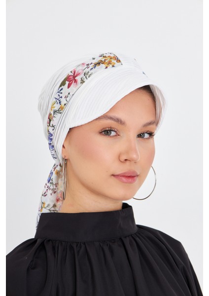 Krem Şapkalı Tesettür Bone Kesik Elyaf Desenli Şifon Kemerli 1902_40