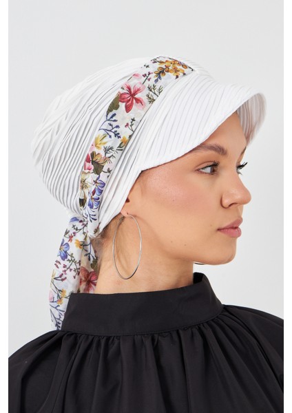 Krem Şapkalı Tesettür Bone Kesik Elyaf Desenli Şifon Kemerli 1902_40 fiyatları