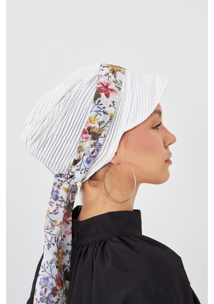 Krem Şapkalı Tesettür Bone Kesik Elyaf Desenli Şifon Kemerli 1902_40 modelleri