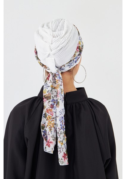 Krem Şapkalı Tesettür Bone Kesik Elyaf Desenli Şifon Kemerli 1902_40 fırsatları