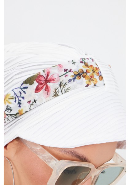 Krem Şapkalı Tesettür Bone Kesik Elyaf Desenli Şifon Kemerli 1902_40 indirimleri