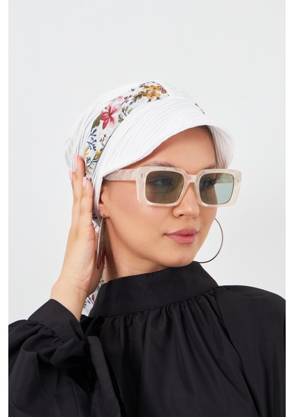 Krem Şapkalı Tesettür Bone Kesik Elyaf Desenli Şifon Kemerli 1902_40