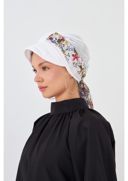 Krem Şapkalı Tesettür Bone Kesik Elyaf Desenli Şifon Kemerli 1902_40