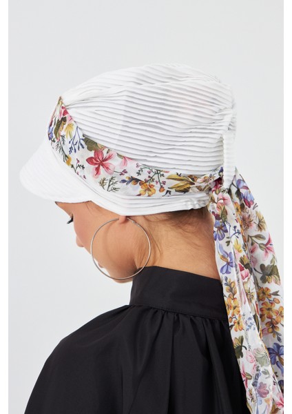 Krem Şapkalı Tesettür Bone Kesik Elyaf Desenli Şifon Kemerli 1902_40