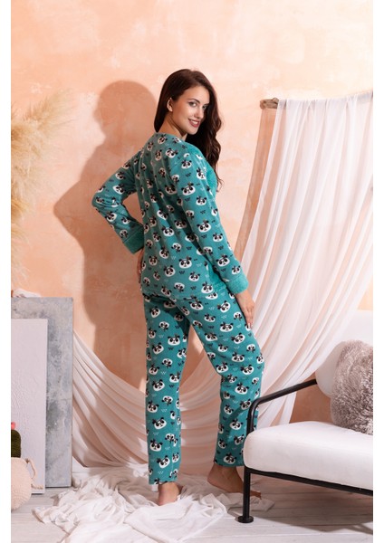 Kışlık Uzun Kollu Kadın Peluş Polar Pijama Takımı Ipeksi Doku