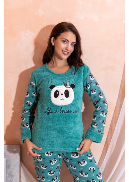 Kışlık Uzun Kollu Kadın Peluş Polar Pijama Takımı Ipeksi Doku fırsatları