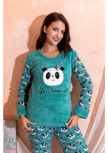 Kışlık Uzun Kollu Kadın Peluş Polar Pijama Takımı Ipeksi Doku indirimleri