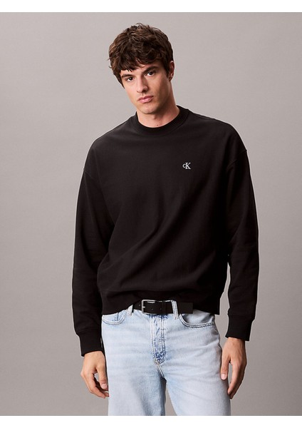 Calvın Kleın Erkek Marka Logolu Organik Pamuklu Bisiklet Yakalı Günlük Kullanıma Uygun Siyah Sweatshirt LV04RC277G Ub1