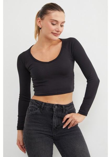 V Yaka Uzun Kol Crop Bluz