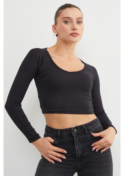 V Yaka Uzun Kol Crop Bluz fiyatları