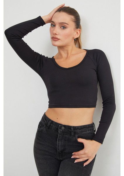 V Yaka Uzun Kol Crop Bluz