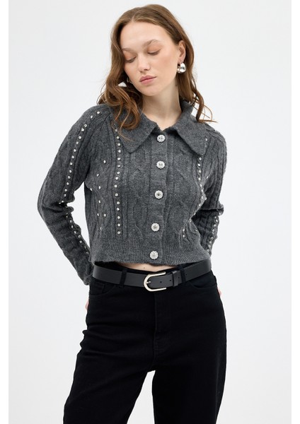 Antrasit Kadın Taş İşlemeli Örgü Hırka 7265 fiyatları