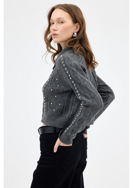 Antrasit Kadın Taş İşlemeli Örgü Hırka 7265 modelleri
