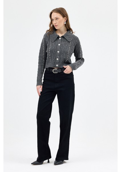 Antrasit Kadın Taş İşlemeli Örgü Hırka 7265 fırsatları