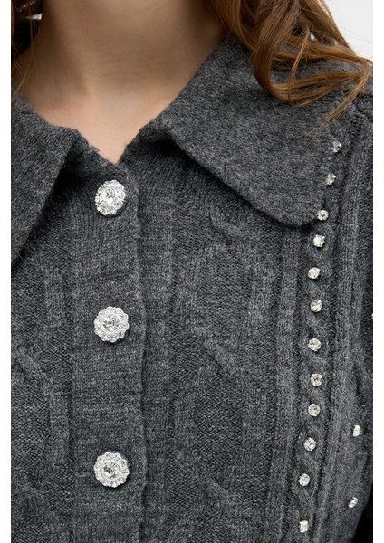 Antrasit Kadın Taş İşlemeli Örgü Hırka 7265 indirimleri