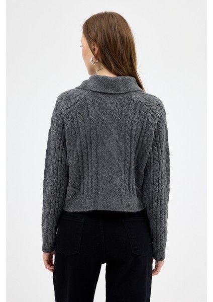 Antrasit Kadın Taş İşlemeli Örgü Hırka 7265