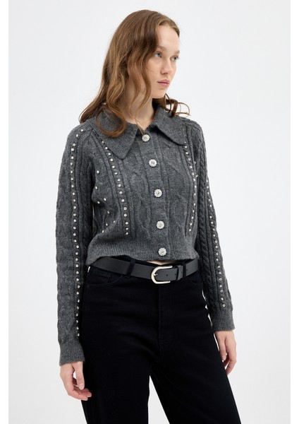 Antrasit Kadın Taş İşlemeli Örgü Hırka 7265