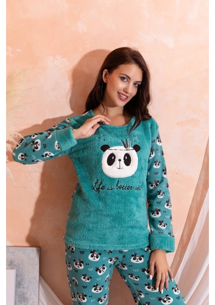 Kışlık Uzun Kollu Kadın Peluş Polar Pijama Takımı Ipeksi Doku