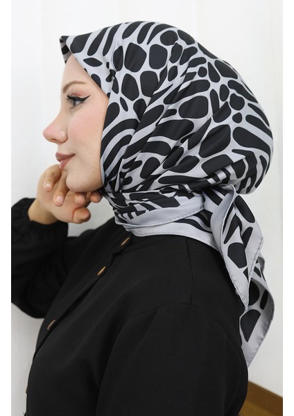 Dijital Rayon Eşarp 70302-07 Siyah Gümüş Gri