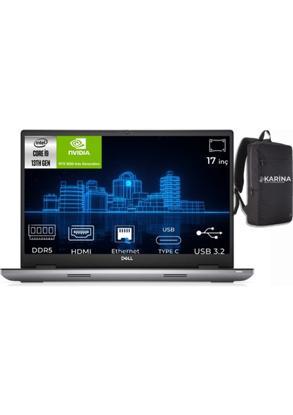 Precision M7780 I9-13950HX XCTOP7780EMEA_VP-2-038 96GB 3*512GB Rtx 5000 Ada 16GB W11PRO 17" Fhd Dizüstü Bilgisayar