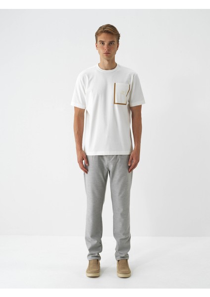 Erkek Ekru Pamuk Dokulu Regular Fit Tişört