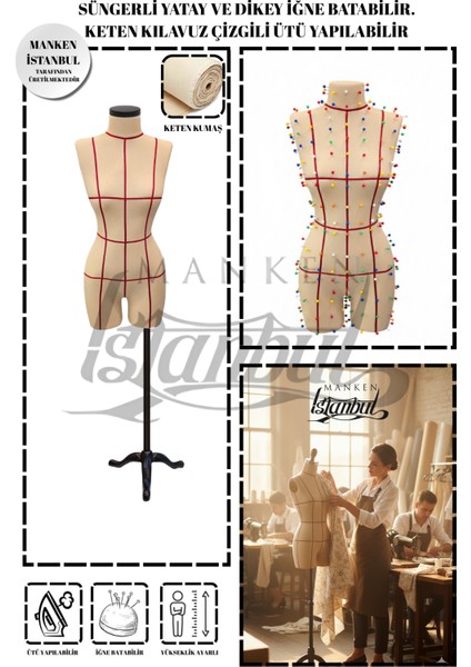 36 Beden Özel Üretim Kılavuz Çizgili Keten Kumaş Iğne Batabilen Terzi Mankeni Prova Mankeni