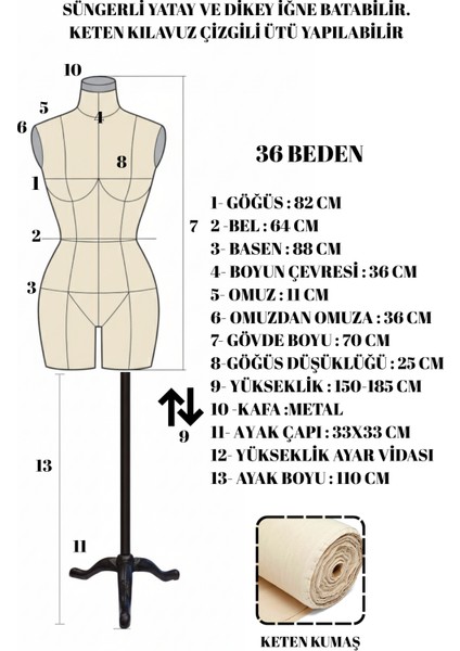 36 Beden Özel Üretim Kılavuz Çizgili Keten Kumaş Iğne Batabilen Terzi Mankeni Prova Mankeni fırsatları