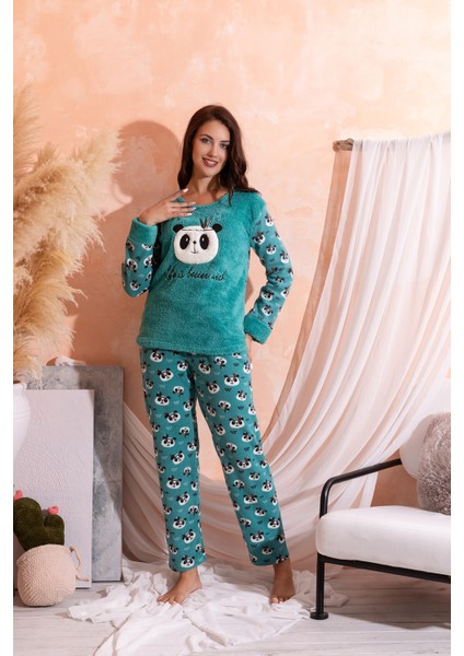 Kışlık Uzun Kollu Kadın Peluş Polar Pijama Takımı Ipeksi Doku fırsatları
