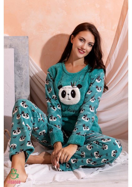 Kışlık Uzun Kollu Kadın Peluş Polar Pijama Takımı Ipeksi Doku indirimleri