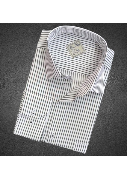 Erkek Klasik Geniş Rahat Kesim Cepli Çizgili Uzun Kollu Pamuk Gömlek