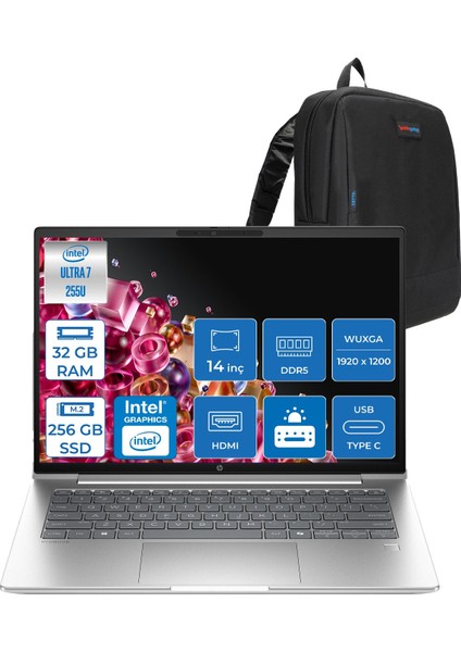 Probook 4 G1I Intel® Core Ultra 7 255U 32GB Ddr5 256GB SSD 14" Wuxga (1920 x 1200), IPS 300 Nits Freedos Taşınabilir Bilgisayar C9FH1ETF06+ZETTAÇANTA