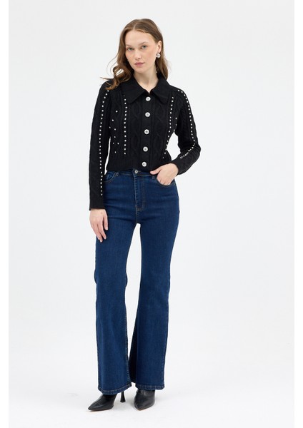 Siyah Kadın Taş İşlemeli Örgü Hırka 7265 fırsatları