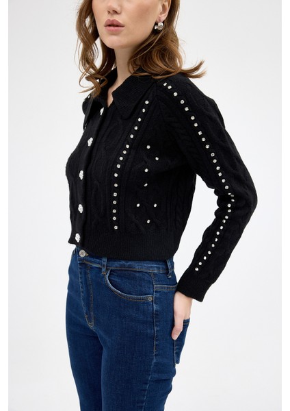 Siyah Kadın Taş İşlemeli Örgü Hırka 7265 indirimleri