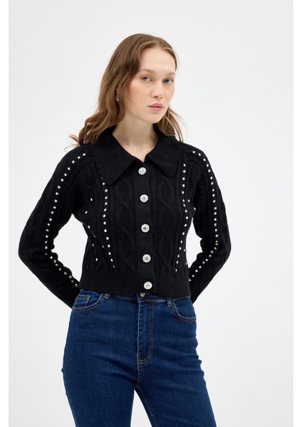 Siyah Kadın Taş İşlemeli Örgü Hırka 7265