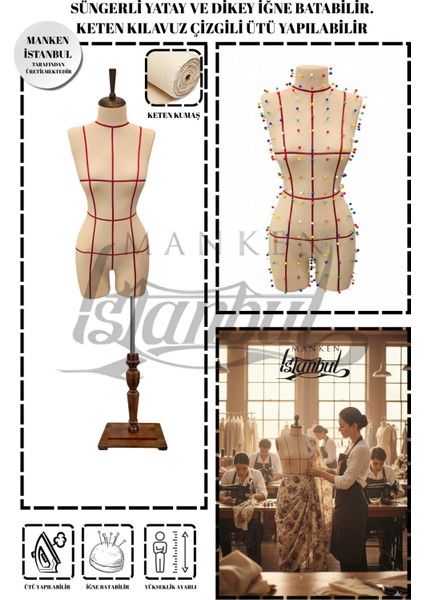 36 Beden Özel Üretim Kılavuz Çizgili Keten Kumaş Iğne Batabilen Terzi Mankeni Prova Mankeni