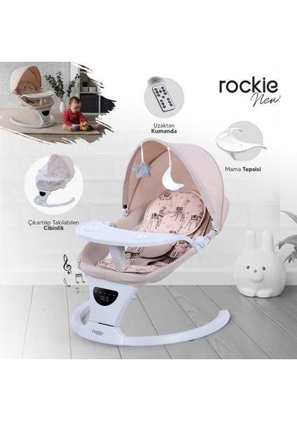 Rockie Yenidoğana Uygun Hareket Sensörlü Kumandalı Bluetooth Müzikli Mama Tepsili Ana Kucağı
