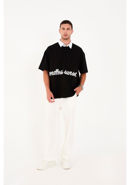 R-5858 Yarım Pat Nakış Detaylı Tişört