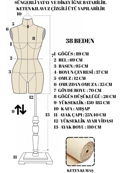 38 Beden Özel Üretim Kılavuz Çizgili Keten Kumaş Iğne Batabilen Terzi Mankeni Prova Mankeni modelleri