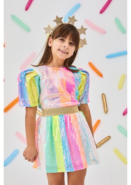 Çok Renkli Gökkuşağı Pullu Kız Çocuk Etek - Dena