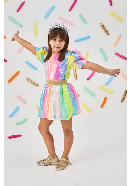 Çok Renkli Gökkuşağı Pullu Kız Çocuk Etek - Dena