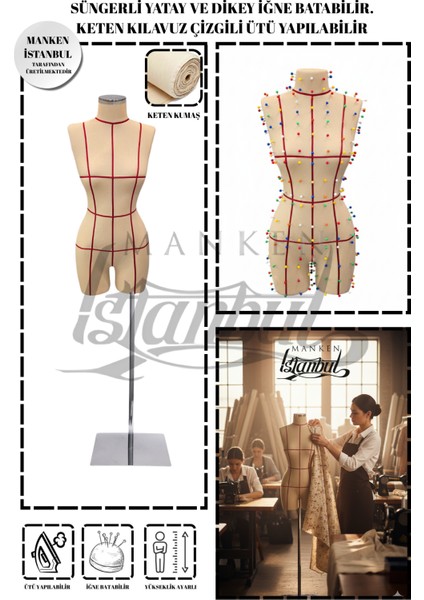 40 Beden Özel Üretim Kılavuz Çizgili Keten Kumaş Iğne Batabilen Terzi Mankeni Prova Mankeni