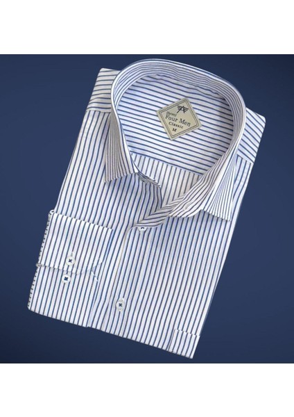 Erkek Klasik Geniş Rahat Kesim Cepli Çizgili Uzun Kollu Pamuk Gömlek