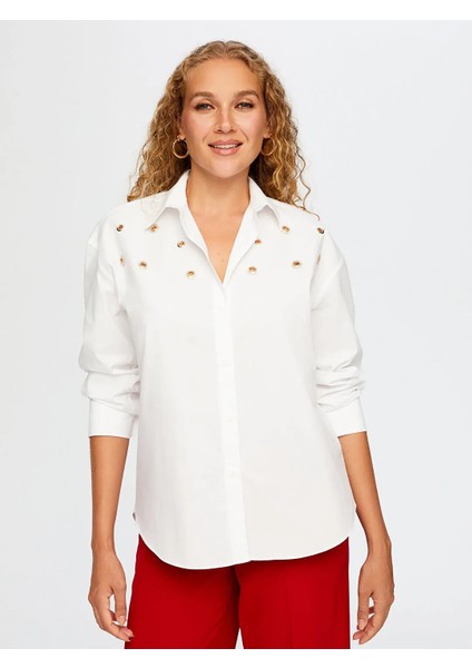 Taşlı Trok Aksesuarlı Poplin Kadın Gömlek W26GML008