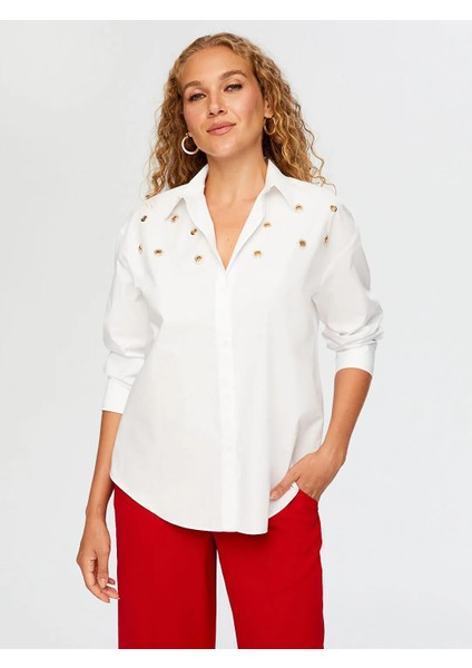 Taşlı Trok Aksesuarlı Poplin Kadın Gömlek W26GML008 modelleri