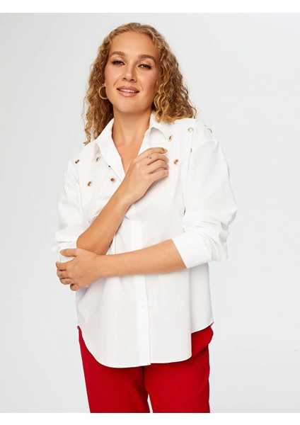 Taşlı Trok Aksesuarlı Poplin Kadın Gömlek W26GML008 fırsatları